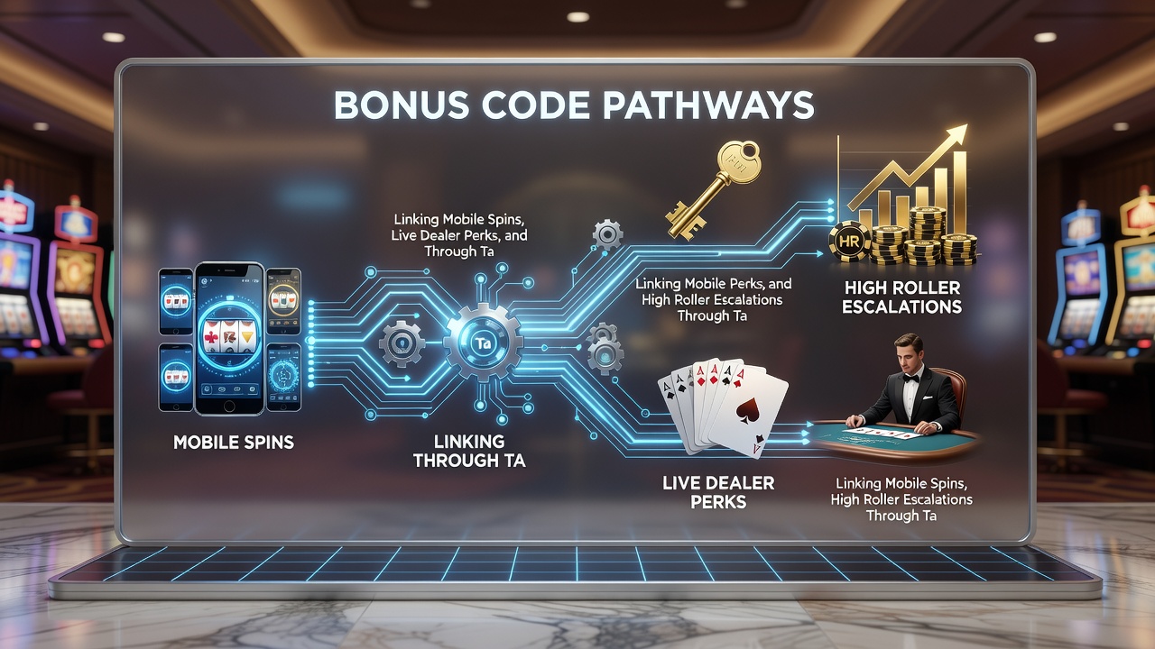 Flowchart illustrating progression from mobile bonus codes to live dealer rewards and high roller VIP status