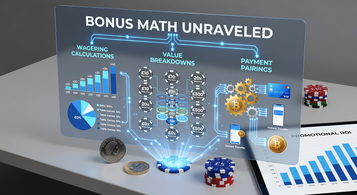 Digital graphic showing slot reels intertwined with mathematical formulas and wagering charts, illustrating bonus calculations