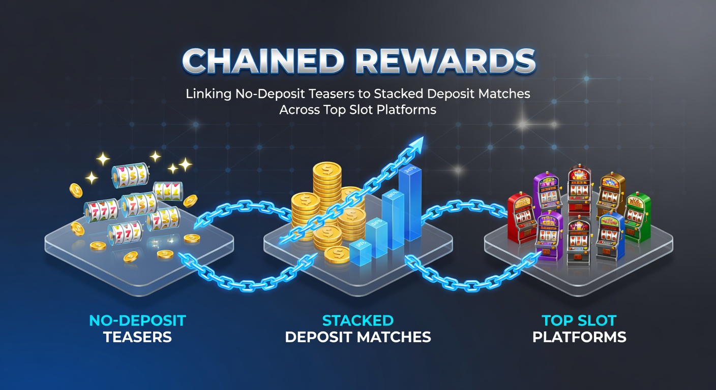 Dynamic graphic showing a flowchart of no-deposit spins chaining into deposit bonuses, with escalating multipliers and VIP icons on colorful slot backgrounds
