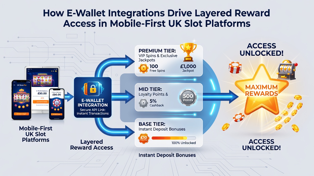 Infographic of layered reward tiers connected to e-wallet transaction flows in UK slot apps