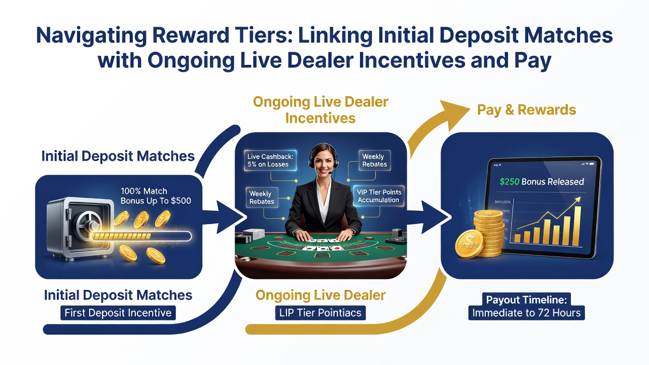Illustration of live dealer tables integrated with tiered reward systems and multiple payment options