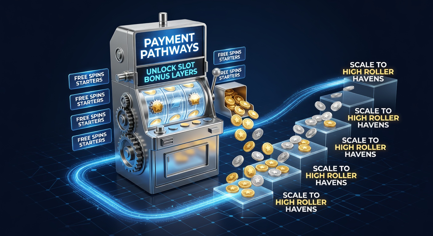 Dynamic graphic of layered slot bonus tiers rising from free spins at the base to VIP high-roller peaks, connected by flowing payment streams and jackpot icons