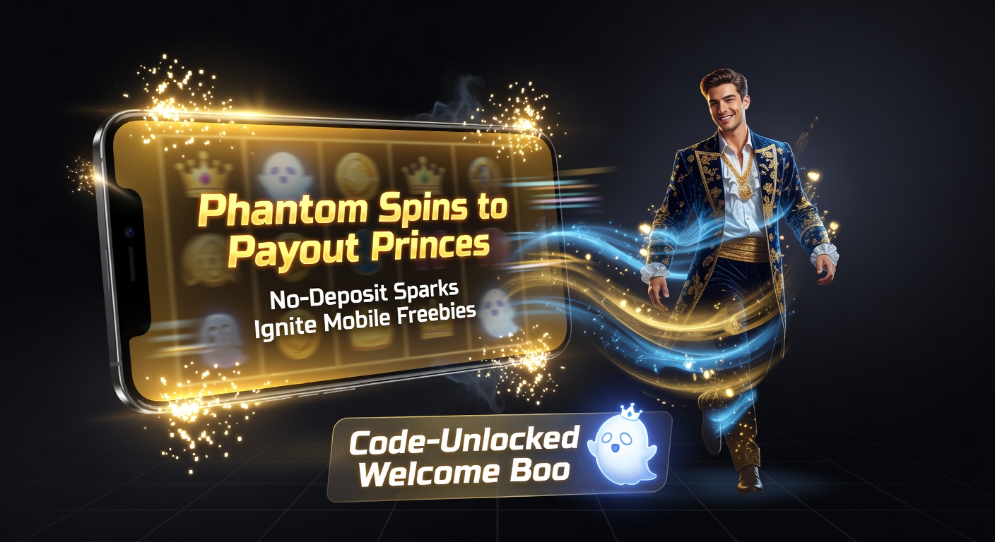 Dynamic screenshot montage of a mobile casino app showcasing no-deposit free spins, bonus code entry, and high-roller payout interfaces glowing on a smartphone