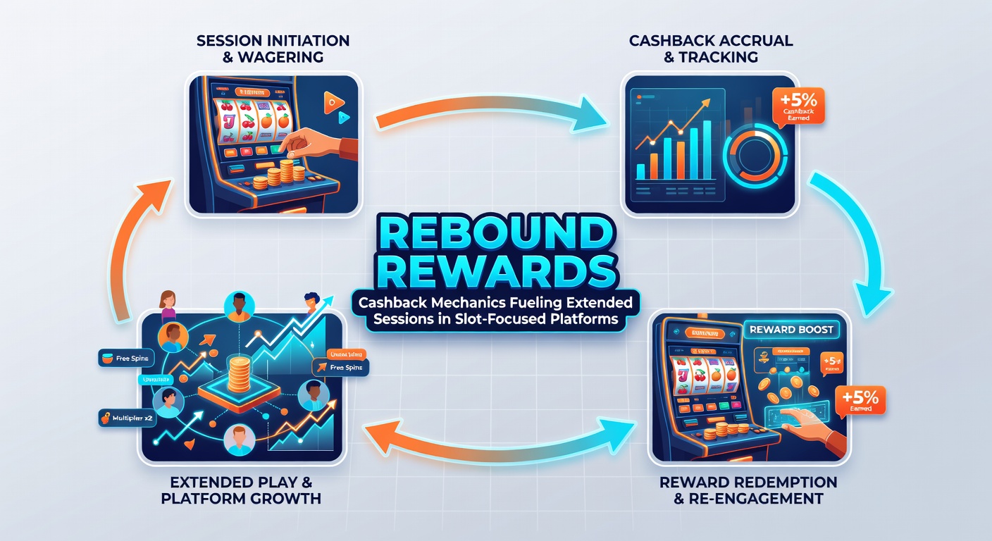 Graph showing rising session durations with cashback activation on slot platforms, overlaid with coin stacks representing rebates
