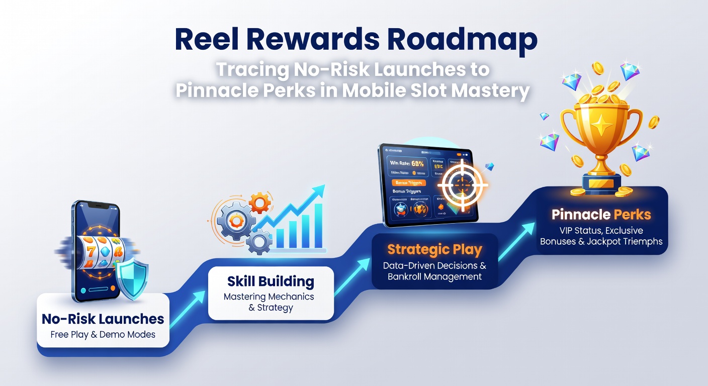 Dynamic roadmap graphic illustrating a player's ascent through mobile slot tiers, from bronze free spins to platinum cashback vaults, with coin trails and jackpot symbols marking milestones