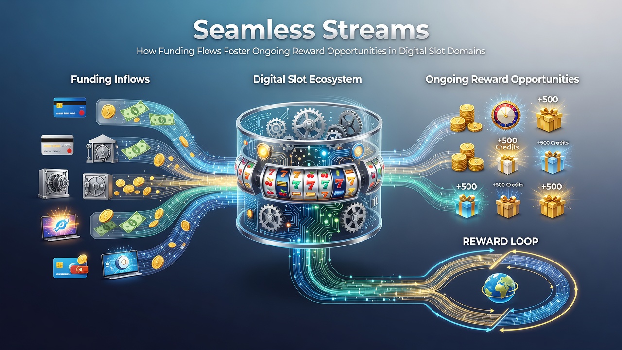 Digital slot interface displaying seamless funding flows and reward indicators