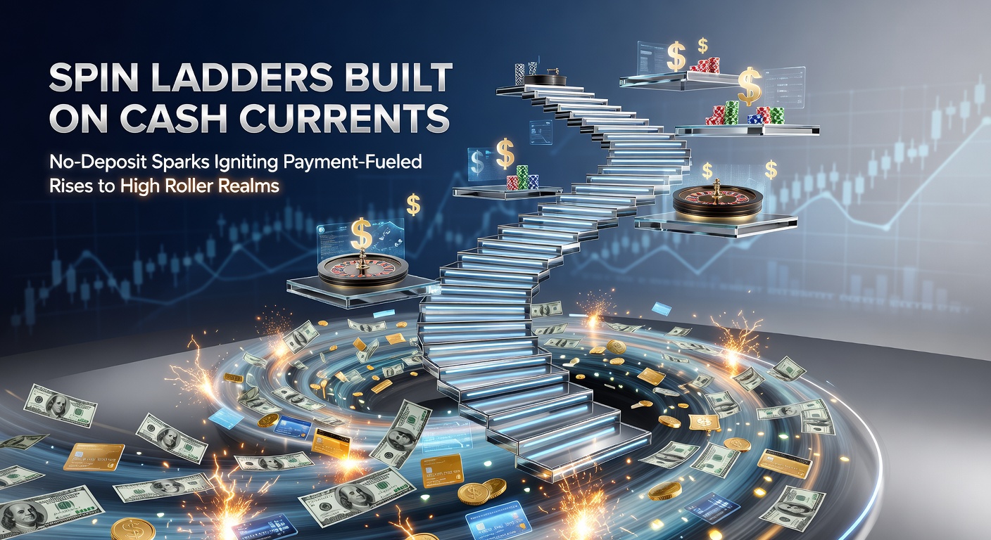 Vibrant graphic depicting a glowing ladder ascending from free spin icons at the base through cascading cash waves to a pinnacle of high-roller crowns and jackpot symbols