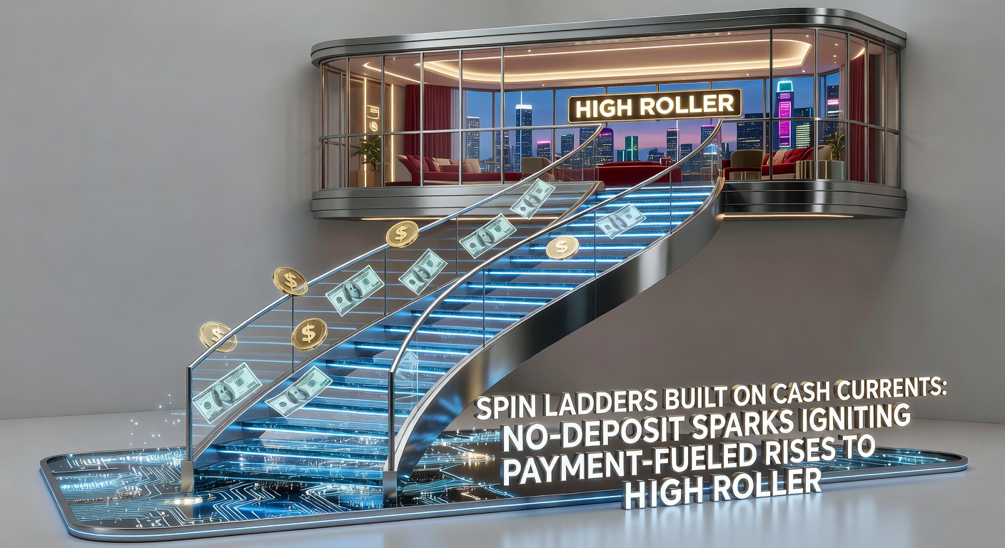 Dynamic image showing cash waves flowing upward along a slot reel ladder, with no-deposit fireworks at the bottom evolving into high-roller luxury perks at the top