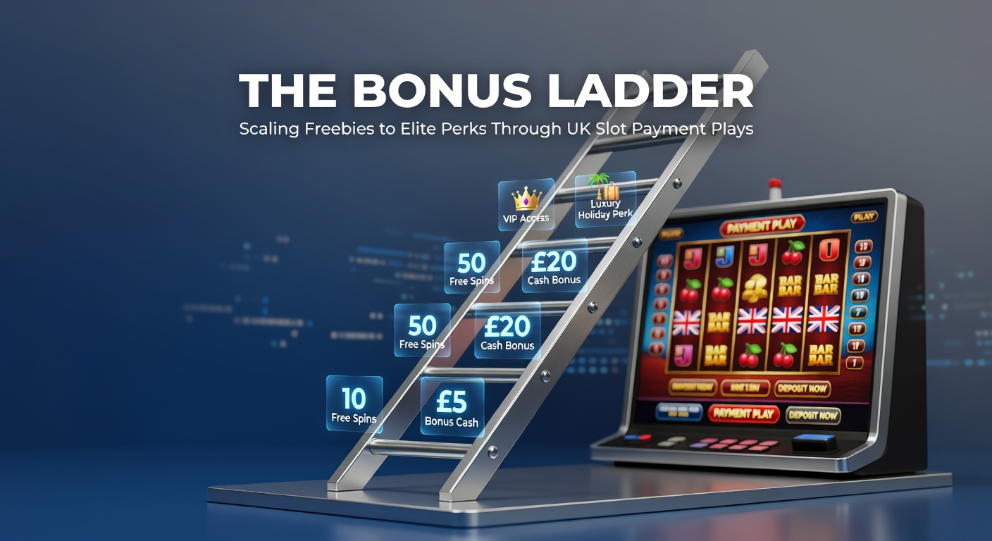Visual representation of a ladder ascending from basic free spins to luxury VIP rewards in a vibrant UK slot gaming environment