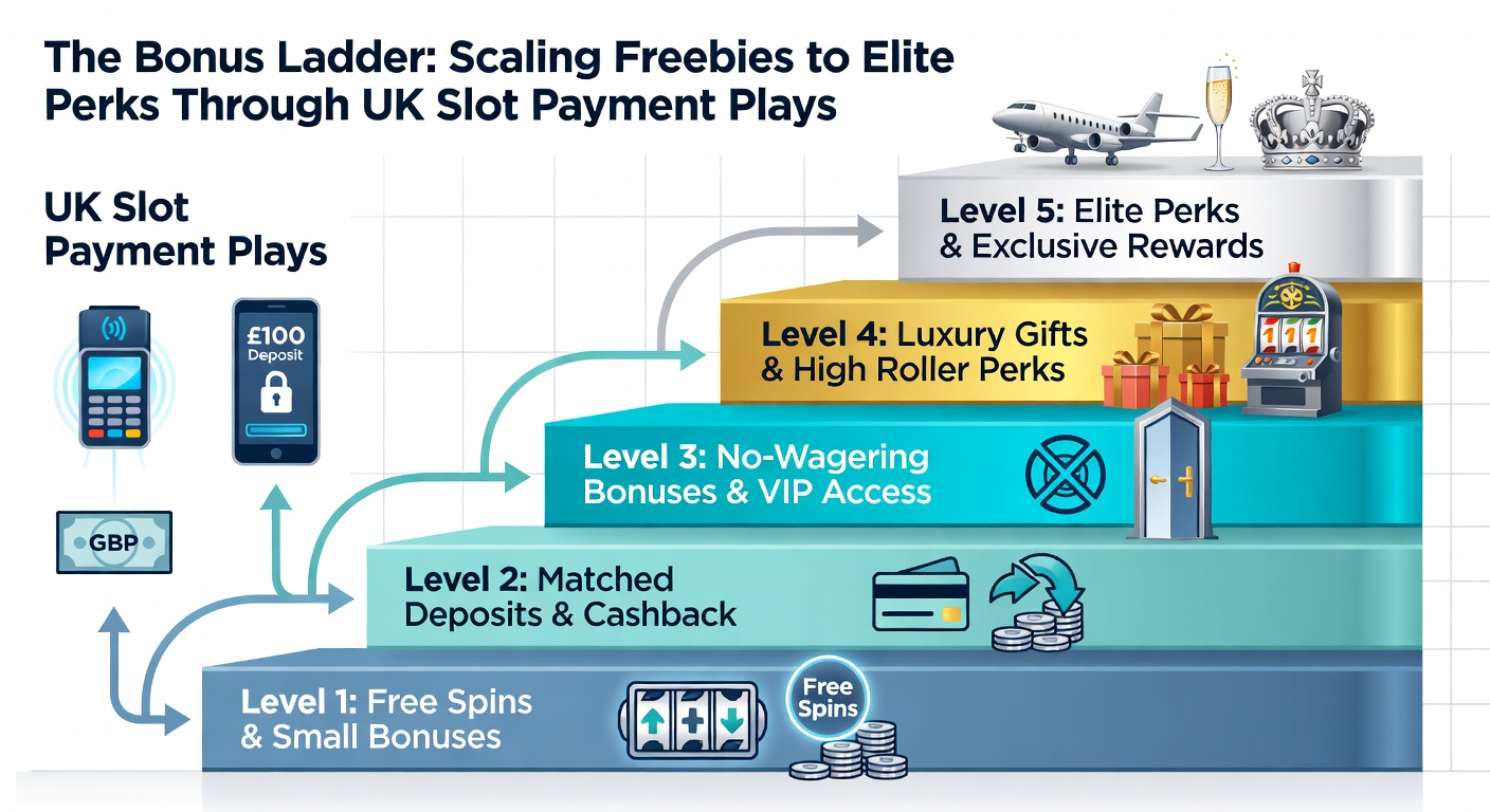 Infographic detailing progressive bonus tiers from no-deposit starters to VIP elite status, highlighted with slot reels and reward icons