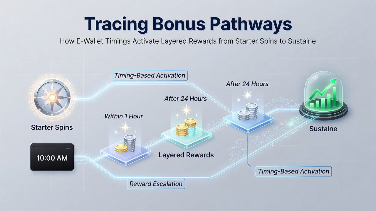 Flow diagram showing progression from starter spins through deposit layers to VIP access via timed e-wallet activity