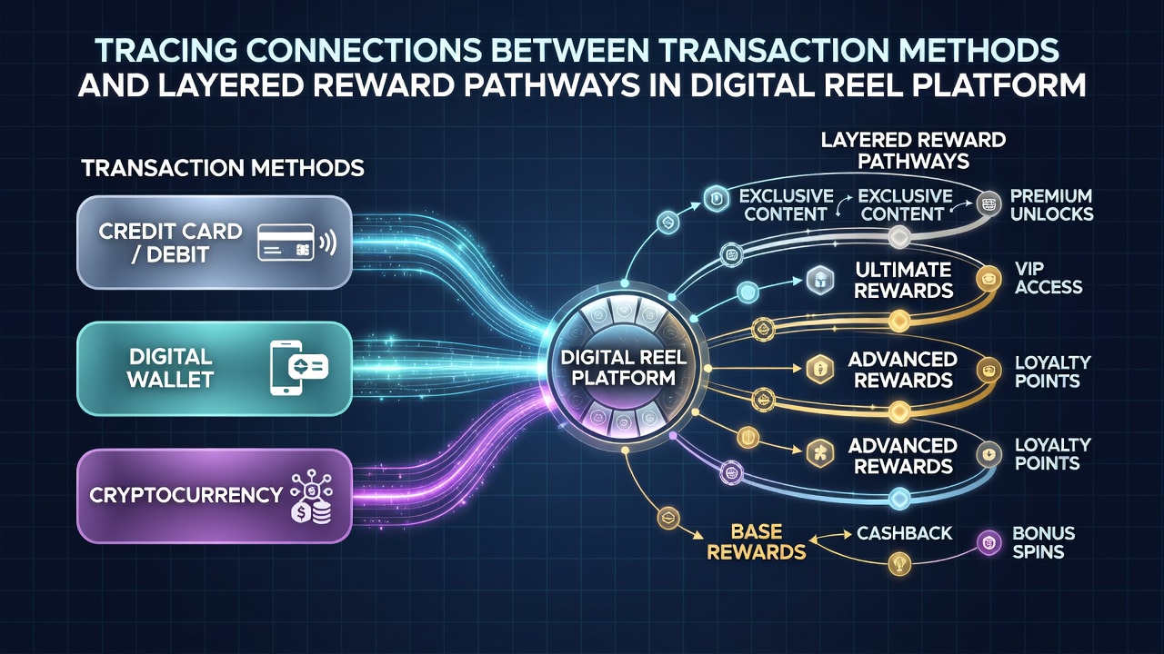 Flowchart diagram illustrating layered reward pathways connected to various payment methods in digital reel platforms