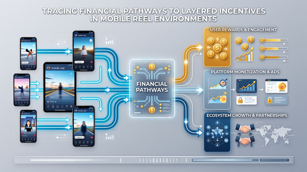 Illustration of mobile reel interface displaying layered reward tiers unlocked via successive payment confirmations