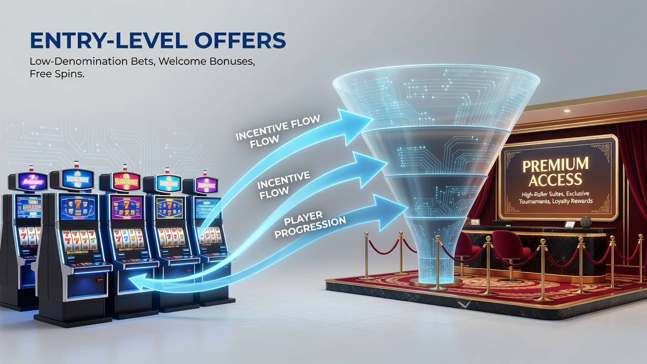 Flowchart showing intermediate slot reward mechanisms transitioning into VIP access structures with data tracking points and tier thresholds