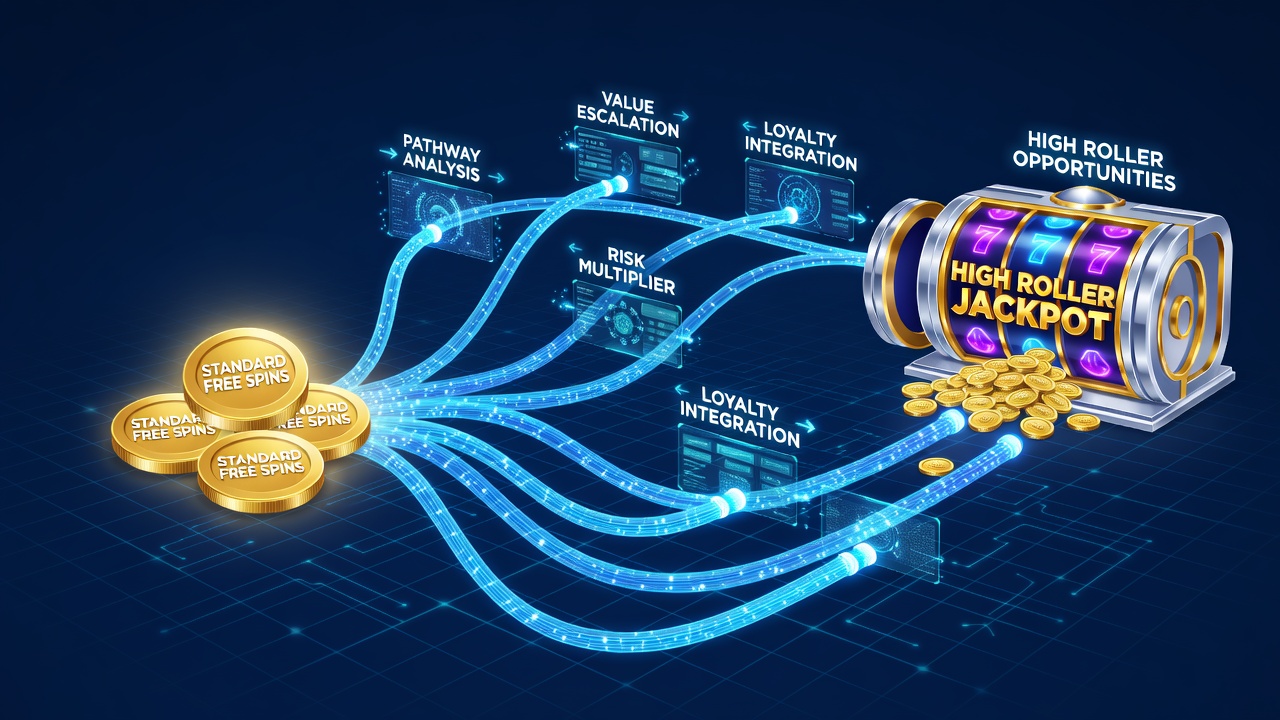 Digital slot interface showing transaction flows from free spins to high roller rewards