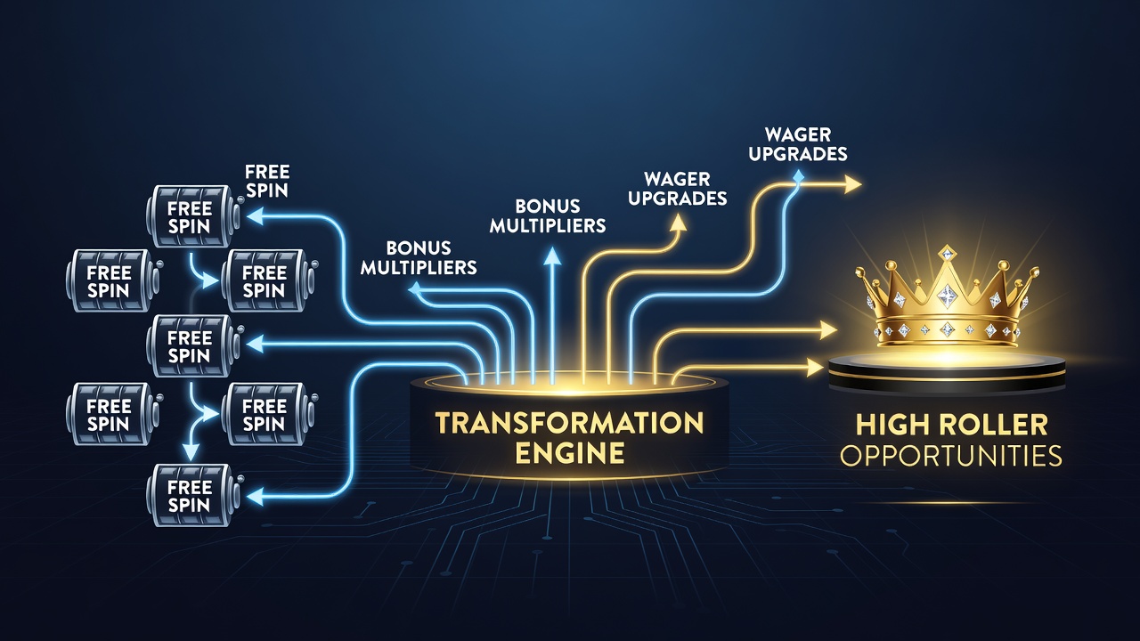 Flowchart illustration of slot transaction pathways leading to high roller tiers